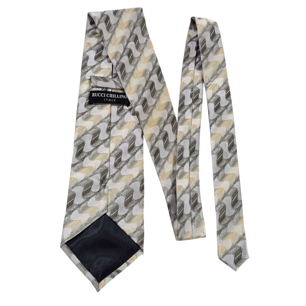 RUCCI CHILLINO Silk Blend Necktie Abstract Pattern Men's Formal Wear Gray Gold